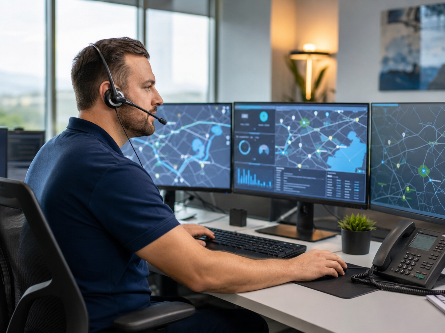 Professional truck dispatcher working with logistics screens